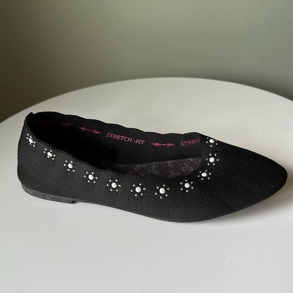Skechers Stretch Fit Air Cooled Memory Foam Cleo Flat Black Dressy Floral Beaded - Picture 1 of 13